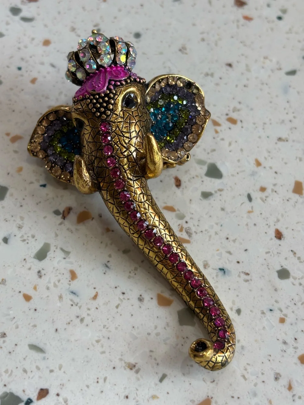 Chunky Large Jeweled Elephant Trunk Ring - Gold with Crystals Costume Jewelry